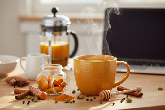 Steaming cup of turmeric chai with fresh spices, perfect for wellness and tea lovers